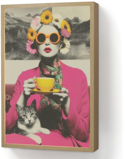 Wandlamp 40x60 cm - Oplaadbaar - Vrouw - Kat - Bloemen - Kopje - Retro - Wandlampen binnen woonkamer - Slaapkamer lamp - Decoratieve nachtlamp - Vloerlamp draadloos