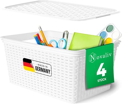 Novaliv set van 4 elegante opbergmanden met deksel in rotanlook | Wit voedselveilig plastic 14L? voor kantoor en thuis. Veelzijdige opbergdozen. Ideale opbergdoos