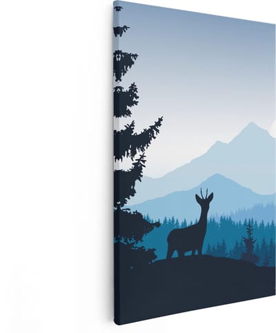 Artaza Canvas Schilderij Hert - 80x120 cm - Groot - Wanddecoratie Bos - Muurdecoratie Bergen - Schilderijen Op Canvas Natuur - Blauw