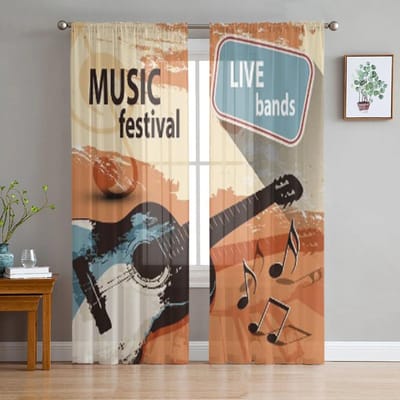 Muziekfestival Met Retro Gitaar Chiffon Transparante Gordijnen voor Woonkamer Slaapkamer Keuken Decoratie Raam Voiles Tule Gordijn 135W x 114H(cm) gray