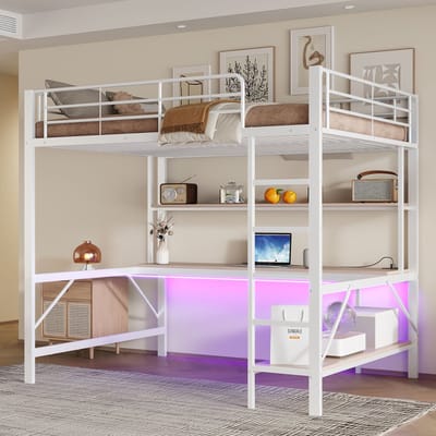 Sweiko Hoogslaper - 140*200 cm - Met USB-aansluiting - LED verlichting - Bureau + opbergplank - Zonder matras - Metalen bed - Wit