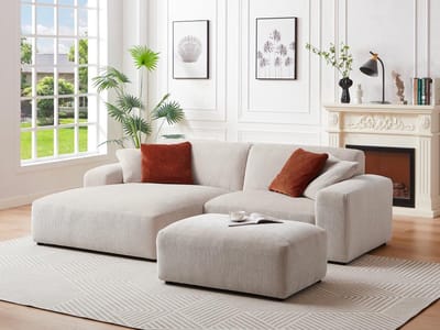 Vente-unique Hoekbank met hoek links en poef van beige ribfluweel TIRONO van Maison Céphy