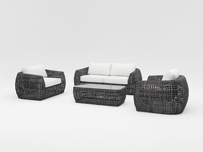 Vente-unique Tuinset van gevlochten hars: een 2-persoons tuinbank, 2 fauteuils en 1 salontafel - Antraciet met witte kussens - VEYRO van MYLIA