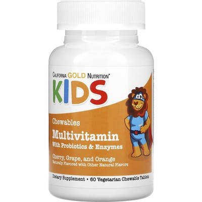 California Gold Nutrition, Kauwbare Multivitamine voor Kinderen met Probiotica en Enzymen, Diverse Fruitsmaken, 60 Vegane Tabletten