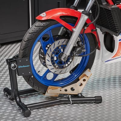Motorfietswielklem - Voorwiel standaard - Stallen en vervoeren - Kantelmechanisme met rubber - 14-19 inch banden - Goud