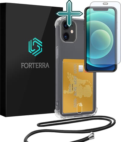 Hoesje Geschikt voor iPhone 12 Pashouder Case Siliconen Hoes Met Koord Met Screenprotector - Hoes Geschikt voor iPhone 12 Met Telefoonkoord Hoesje Back Cover Met Pasjeshouder - Transparant