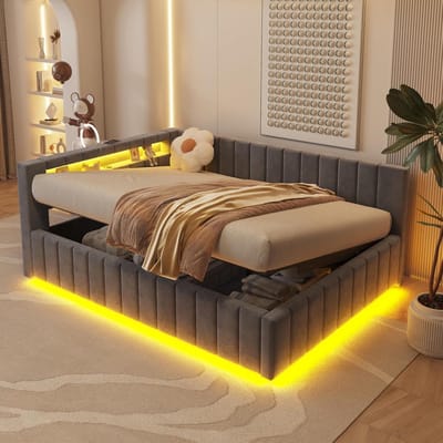 Tweepersoons Bed met Opbergruimte 140x200 Fluweel Grijs met LED en USB