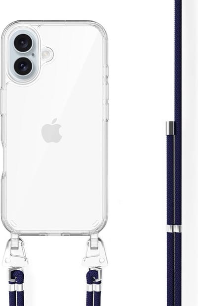 xoxo Wildhearts siliconen hoesje - Geschikt voor iPhone 16 - Navy Overload - Telefoonhoesje - Hoesje met koord - telefoonkoord - Transparant hoesje - In lengte verstelbaar - Blauw koord