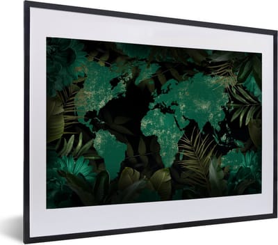 Poster in lijst - Fotolijst 60x40 cm - Posters - Wereldkaart - Groen - Bladeren - Posterlijst zwart - Decoratie - Wanddecoratie woonkamer - Muurdecoratie slaapkamer