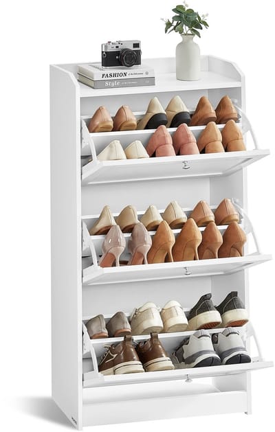 M-Goods - Schoenenkast met Kleppen – Schoenenkast Wit – Opbergkast voor 18 Paar Schoenen – Smalle Schoenenkast met Deuren – Modern Schoenenrek Hal