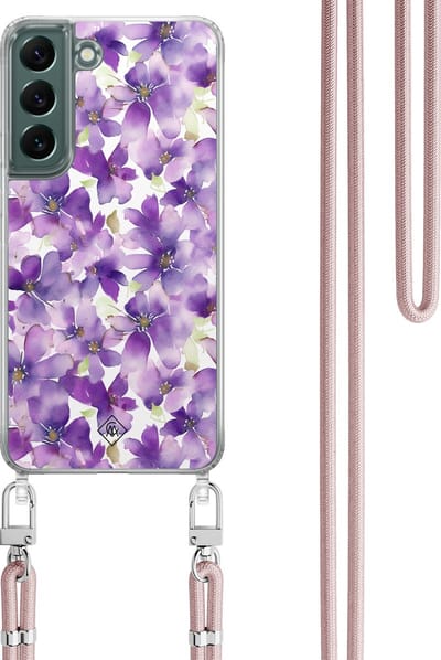 Casimoda® hoesje met koord - Geschikt voor Samsung S22 - Floral Violet - Afneembaar koord - TPU/polycarbonaat - Paars