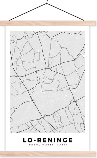 Posterhanger incl. Poster 40x60 cm - Schoolplaat - Stadskaart – Zwart Wit - Kaart – Lo Reninge – België – Plattegrond - Textielposter - Blanke latten - Stadskaart