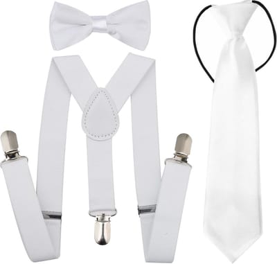 Fako Fashion - Kinder Bretels, Vlinderstrik & Stropdas - Set - Wit
