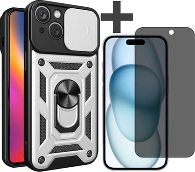 Hoesje met Privacy screenprotector Geschikt voor iPhone 15 Plus met Ringhouder en Camera schuifje - Arara backcover - Zilver