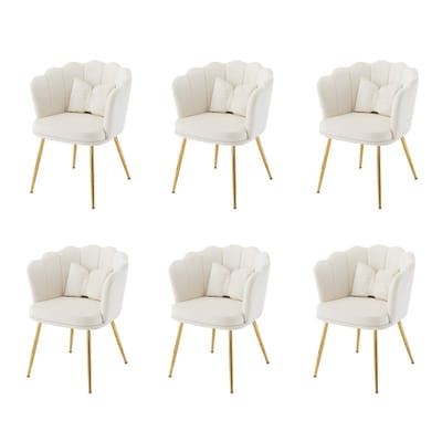 YEHTOKHOME Velvet Eetkamerstoelen set van 6 met armleuning, Bureaustoel, Make-upstoel, Ergonomisch, Fauteuil, Fluwelen stoel met bloemblad-rugleuning, Vergulde metalen poten, Vlinderkussens, Beige