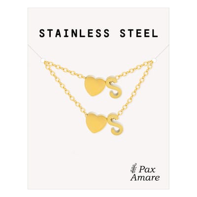Initiaal Ketting & Armband set met Letter S Goudkleurig - Stainless Steel - Met letter & Hartje! - Naam Ketting Cadeau - Sieraden Set op Kaartje - Pax Amare