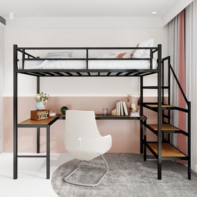 Stapelbed met L-vormig bureau - IJzeren frame - 360° draaibare basis - Trap met opbergvakken - Ruime opbergruimte - Compact en stil ontwerp - Stabiliteitsbeveiliging - Ideaal voor ruimtebesparing - Werkruimte-integratie - Kindvriendelijk