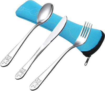 Schattige RVS Kindermessen, Vorken en Lepels Set voor Thuis, Reizen, Picknicken en Kamperen - 3 Stuks (Blauw)