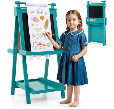 COSTWAY Klapbord voor kinderen, inklapbaar ezel, in hoogte verstelbaar, met whiteboard en magnetisch bord, dubbelzijdig kinderbord met papieren rol en 3 schilderkommen, klapbord voor kinderen vanaf 3