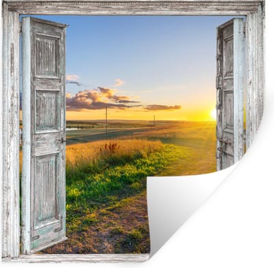 Muurstickers - Sticker Folie - Doorkijk - Platteland - Landschap - Zon - 100x100 cm - Plakfolie - Muurstickers Kinderkamer - Zelfklevend Behang XXL - Zelfklevend behangpapier - Stickerfolie