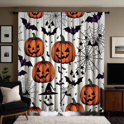 2 pièces HD Halloween Jack-o '-lantern Toile d'araignée Chauve-souris rideau Blanc attache rideau imprimé numérique Décor de maison style Décorer salon W52H63inchW132H160cm white