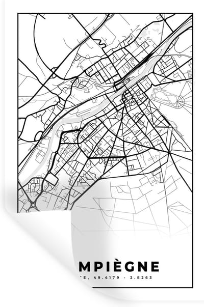 Muurstickers - Sticker Folie - Plattegrond - Compiègne - Frankrijk - Stadskaart - Kaart - Zwart wit - 20x30 cm - Plakfolie - Muurstickers Kinderkamer - Zelfklevend Behang - Zelfklevend behangpapier - Stickerfolie