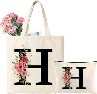 Grote Canvas Shopper Tas met Initiaal en Make-up Tasje - Herbruikbare Boodschappentas