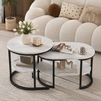 Salontafels Set van 2 ovale - 2-in-1 Bijzettafels met opbergruimte, salontafel met marmerlook voor woonkamer, balkon en kantoor - 80/52cm - Zwart