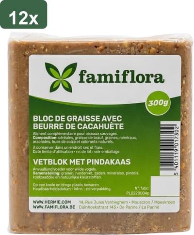 Famiflora vetblok met pindakaas voor tuinvogels - Naturel - 12 stuks (= 3,6KG) - 300 gram per stuk - Aanvullend diervoeder voor tuinvogels - Aanvullend voeder - Bevat pinda's