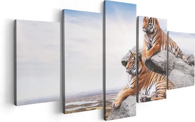 Artaza Canvas Schilderij Vijfluik Twee Tijgers Op Rotsen Met Het Blauwe Lucht - 100x50 - Foto Op Canvas - Canvas Print