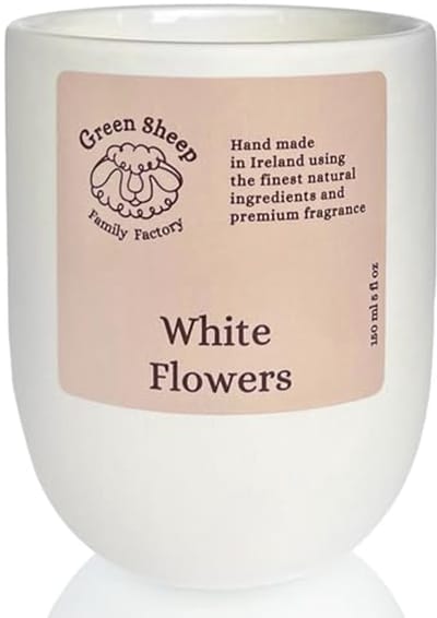 Katoenen Lont Geurkaars met Kokoswas en Geurende Oliën in Keramische Pot - Handgemaakte Kokoskaars voor Mannen en Vrouwen (Witte Bloemen, 150 ml)