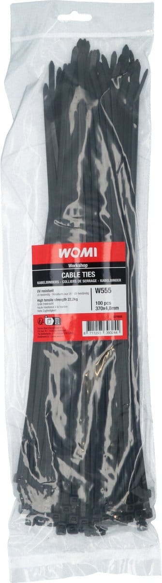 Womi Kabelbinders 370×4,8 mm Zwart – 100 Stuks – Sterk Nylon – Betrouwbare Sluiting – Hoge Trekkracht