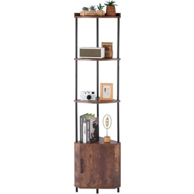 VEVOR 5-laags hoekschap, hoekstandaard met led-verlichting en deuren, displayplank, opbergrek met metalen frame en houten planken, staande plank, tentoonstellingsboekenplank voor slaapkamer, woonkamer, kantoor, bruin