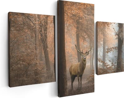 Artaza Canvas Schilderij Drieluik Hert In Het Bos - Herfst - 90x60 cm - Wanddecoratie Woonkamer - Schilderijen - Muurdecoratie