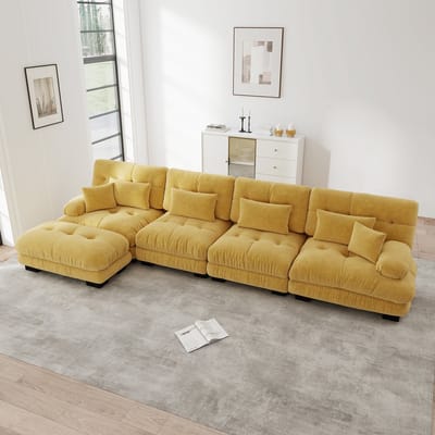 DESMIU Hoekbank 406 x 145 x 81 Cm - Modulaire 4-Zits Met Verplaatsbare Ottoman En Diepe Zit - Voor Woonkamer Of Kantoor - Chenille Geel