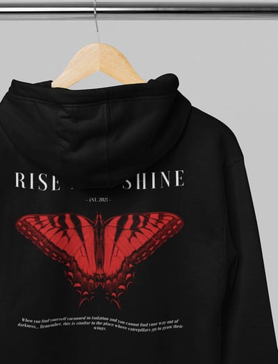 Hoodie - Rise and shine - Wurban Wear | Grappige Hoodie | Merk kleding | Unisex hoodie | Techno outfit | Trui | Oversized hoodie | Gym hoodie | Pump cover | Vlinder hoodie | Butterfly | Zwart