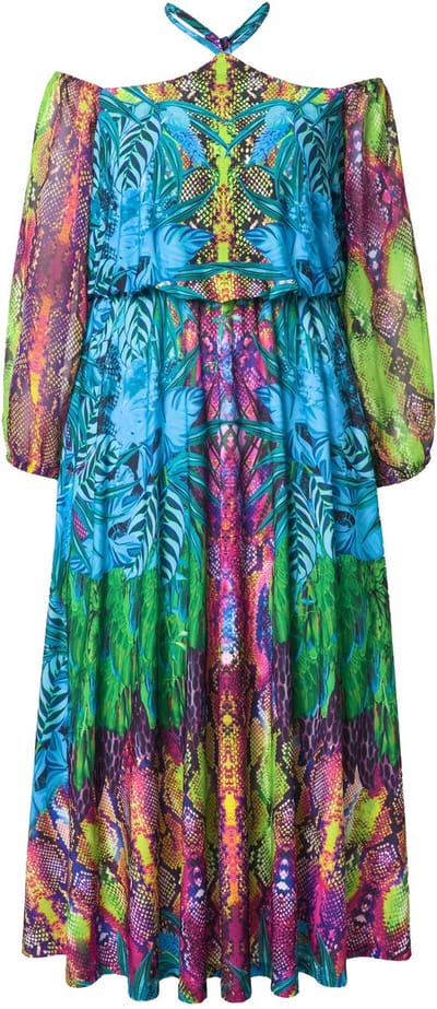 Ulla Popken - Dames - Offshoulder maxi-jurk chiffon opaque onderjurk - Zwart - Maat 50