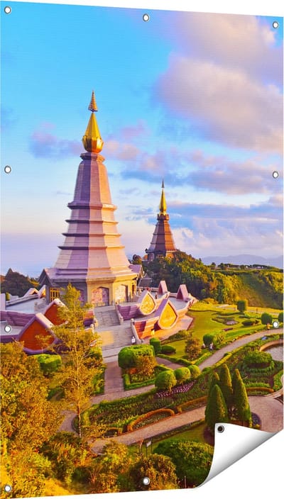 Gards Tuinposter Pagode Tempels in de Inthanon Berg in Thailand - 80x120 cm - Tuindoek - Tuindecoratie - Wanddecoratie buiten - Tuinschilderij