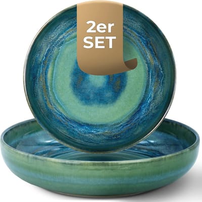 Diepe pastaborden set - Aardewerk serveerborden Ø 22 cm - Groen blauw tafelservies voor pasta, soep en meer