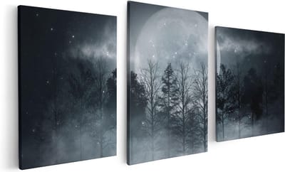 Artaza Canvas Schilderij Drieluik Maan tussen de Bomen in de Nacht - 120x60 cm - Wanddecoratie Woonkamer - Schilderijen - Muurdecoratie