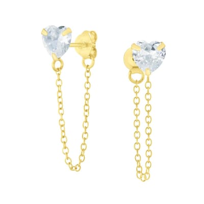 Joy|S - Zilveren hartje oorbellen - kettinkje - zirkonia - gold plated