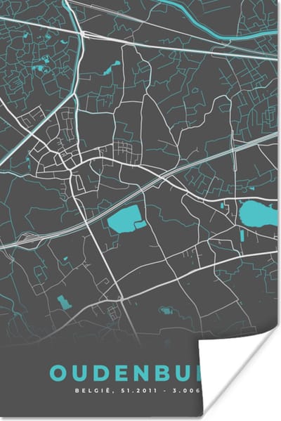 Poster Stadskaart – Grijs - Kaart – Oudenburg – België – Plattegrond - 120x180 cm XXL