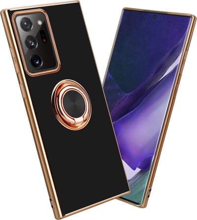 Cadorabo Hoesje geschikt voor Samsung Galaxy NOTE 20 ULTRA in Glossy Zwart - Goud met ring - Beschermhoes van flexibel TPU-silicone Case Cover met camerabescherming en magnetische autohouder