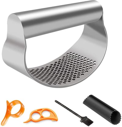 Dailygoods- Knoflookpers Roestvrij Staal - Knoflookrasp - Hakmolen - Antislip Handgreep - Compact Formaat - Inclusief Reinigingsborstel - Keukenhulpmiddel