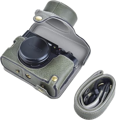 Vintage Leren Camera Case voor Fujifilm X100V, Beschermhoes met Schouderriem en Grip, Groene Beauty Case voor Digitale Camera