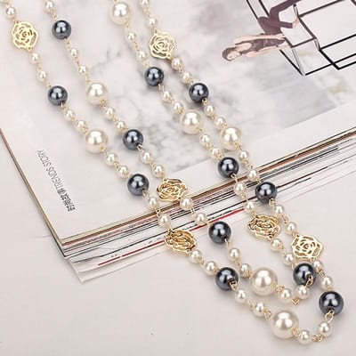 Collier Long Célèbre Camélia Perle Pour Femmes Double Couche collane lunghe donna Fleur Rose Chaîne Pull Collier gray