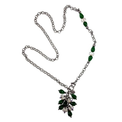 56cm Ketting met Hanger Dames - Gepolijst RVS - Groene Chalcedoonstenen en Oostenrijkse Kristalketting