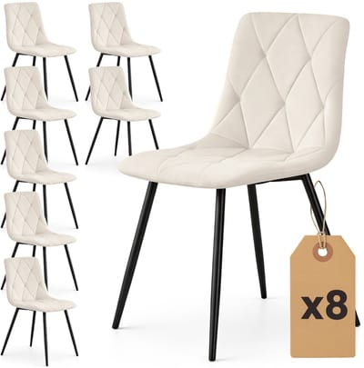 Set van 8 Eetkamerstoelen MILO / Gestoffeerde Stoelen / Fluwelen Stoelen en Metalen Poten / Beige met zwarte benen