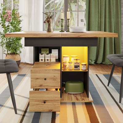 Wishdor Eettafel 110-140*80*75cm, uitschuifbaar, MDF blad met geïntegreerde LED en opbergruimte