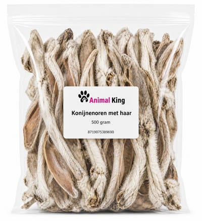 Animalking Konijnenoren Hond - Konijnenoren met Haar - Konijnenoren met Vacht - Hondensnacks Gedroogd - 500 Gram